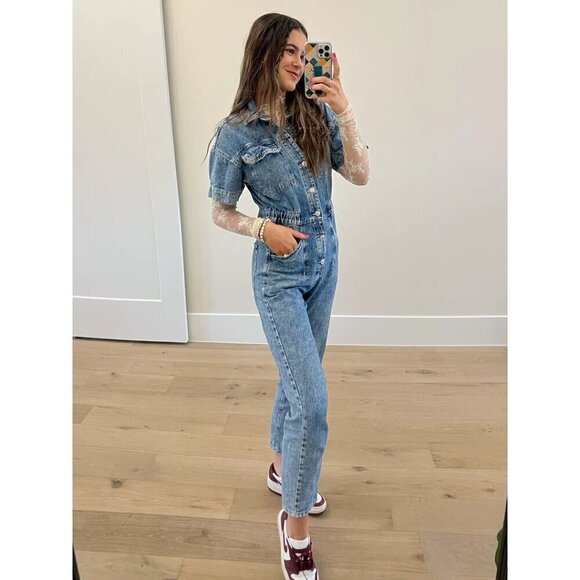 FREE PEOPLE Marci Denim Jumpsuit in Wash Powder Size Small - Picture 2 of 10